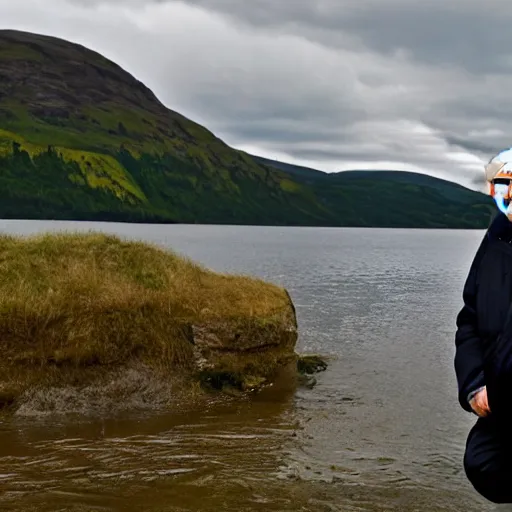 Image similar to Sir David Attenborough at a lake, looking at the Loch Ness Monster Nessie