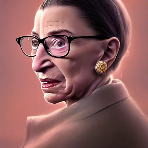 Image similar to a hyper - realistic character concept art portrait of young ruth bader ginsburg, young, depth of field background, artstation, award - winning realistic sci - fi concept art by jim burns and greg rutkowski, beksinski, a realism masterpiece, james gilleard, bruegel, alphonse mucha, and yoshitaka amano.