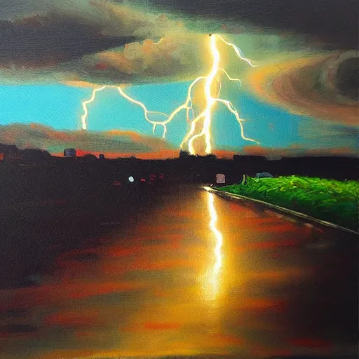 Image similar to “a town lightning storm oil panting”