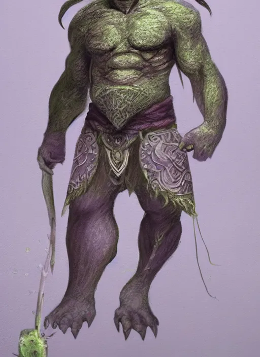 Image similar to detailed full body concept art illustration pastel painting of an orc poet in intricately designed clothing