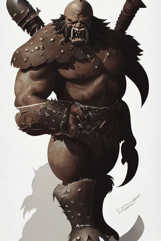 Image similar to orc barbarian wearing leather armor, full body shot, exquisite details, earth magic, mid view, design on a white background, by studio muti, greg rutkowski, makoto shinkai, takashi takeuchi, studio ghibli