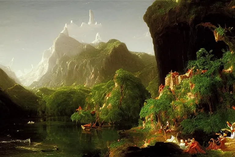 Image similar to there is another world very close to ours that we don't perceive directly, but they do interact sometimes. painting by thomas cole ( 1 8 3 3 )