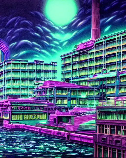 Prompt: a beautiful ultradetailed painting of empire nature industrial architecture unfinished building abandoned urbex building city by stanley spencer, nature at night neon noir evil lake uv light biopunk vaporwave universe retrowave tron, archdaily, wallpaper, highly detailed, trending on artstation.