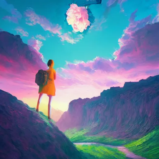 Image similar to giant cherry blossom as a head, girl hiking in a canyon, surreal photography, sunrise, dramatic light, impressionist painting, colorful clouds, digital painting, artstation, simon stalenhag