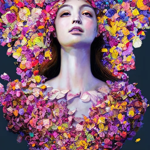 Prompt: the portrait of an absurdly beautiful, graceful, elegant young woman made of petals looking up, an ultrafine detailed illustration by kim jung gi, irakli nadar, intricate linework, bright colors, octopath traveler, final fantasy, angular, unreal engine 5 highly rendered, global illumination, radiant light, detailed and intricate environment