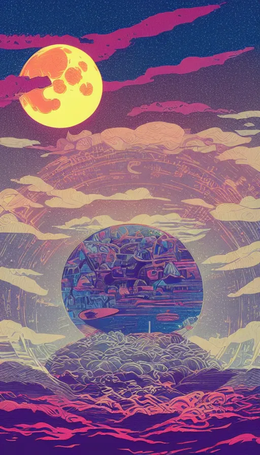 Image similar to harvest moon floating on cosmic maelstrom sunset sky, futurism, dan mumford, victo ngai, kilian eng, da vinci, josan gonzalez