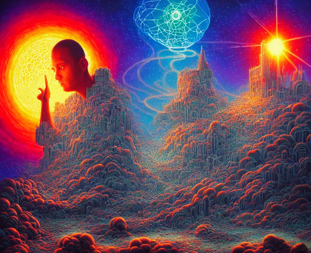 Prompt: a photorealistic detailed image of psychotic feelings in my brain frying my thoughts, science, divinity, utopian, triumphant, cinematic, epic, grandiose, moody, mathematics, futuristic, by jason felix, dan mumford, kinkade, lisa frank, wpa, public works mural, socialist, deep depth of field