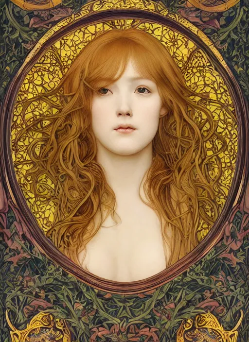 Image similar to masterpiece beautiful seductive flowing curves preraphaelite face portrait photography, extreme close up shot, straight bangs, thick set features, yellow ochre ornate medieval dress, miho hirano, amongst foliage mushroom forest circle arch, william morris and kilian eng and mucha, framed, 4 k