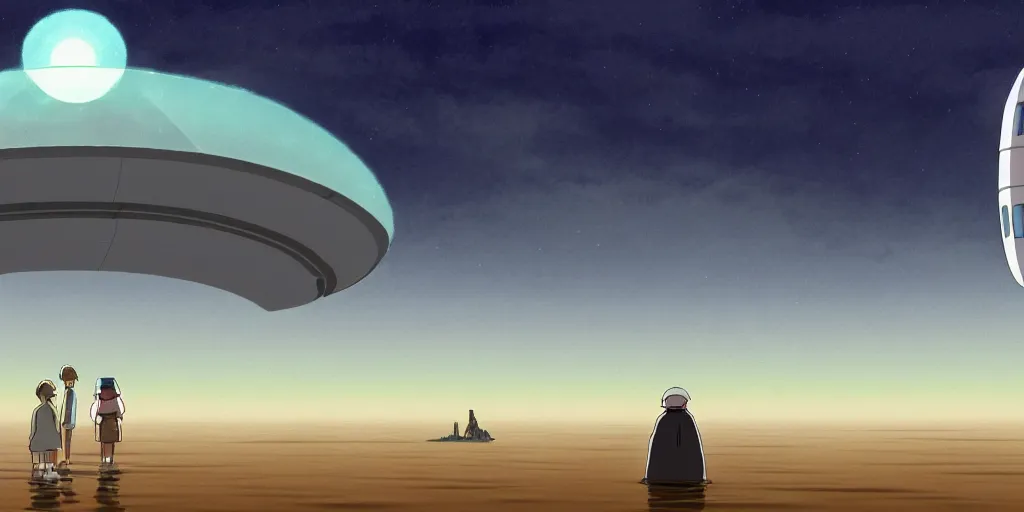 Image similar to a cell - shaded studio ghibli concept art of a giant silver hovering ufo shining a spotlight on a middle eastern merchant in a flooded stonehenge desert on a misty starry night. very dull colors, asymmetrical, hd, 4 k, hq