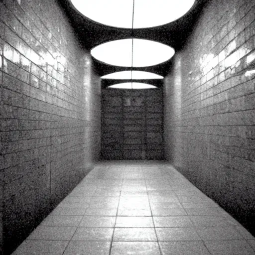 Image similar to Beautiful Fuzzy wide-eye-lens 15mm, harsh flash, cameraphone 2002, Photograph of an tiled infinite foggy foggy foggy liminal pool pool hallway hallway hallway with archways and water on the floor