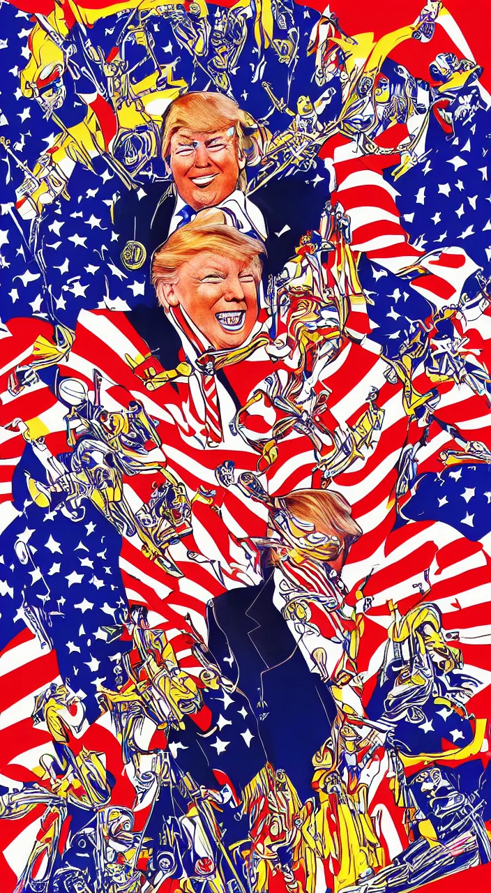 Prompt: donald trump american patriot apotheosis in the style of syd mead and alex grey and lisa frank