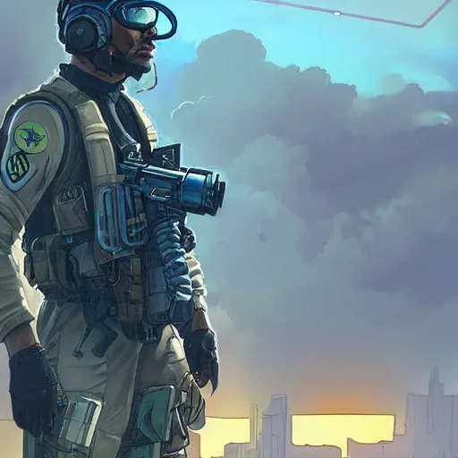 Prompt: Hector. USN special forces futuristic recon operator, cyberpunk headset, on patrol in the Australian neutral zone, deserted city landscape, skyline lit by flares. 2087. Concept art by James Gurney and Alphonso Mucha