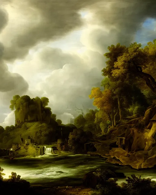 Image similar to reclaimed by nature by jacob van ruisdael, wallpaper, highly detailed, trending on artstation.