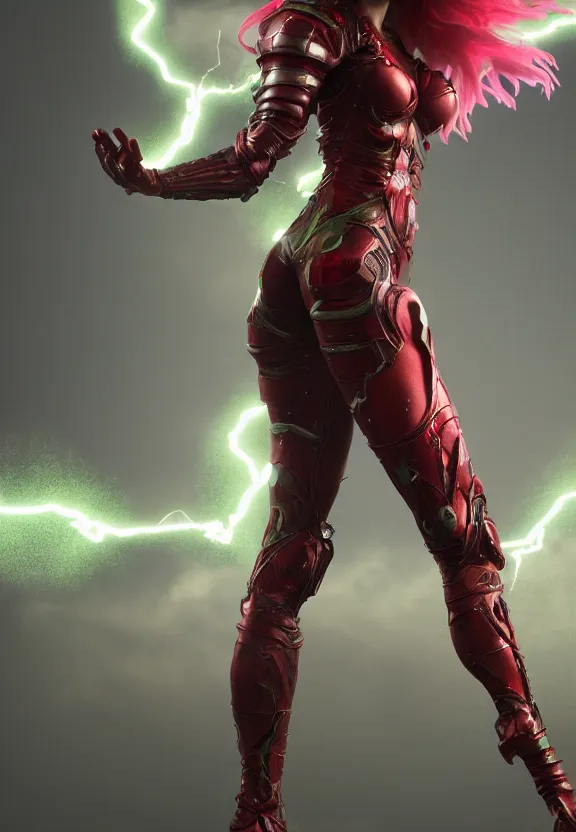 Image similar to vfx, octane render, zbrush, one beautiful anatomically correct woman, wearing spandex armour with flowing red hair and green eyes, super hero full body, walking towards the camera, volumetric lightning, highly detailed, concept art, art station, center of picture.