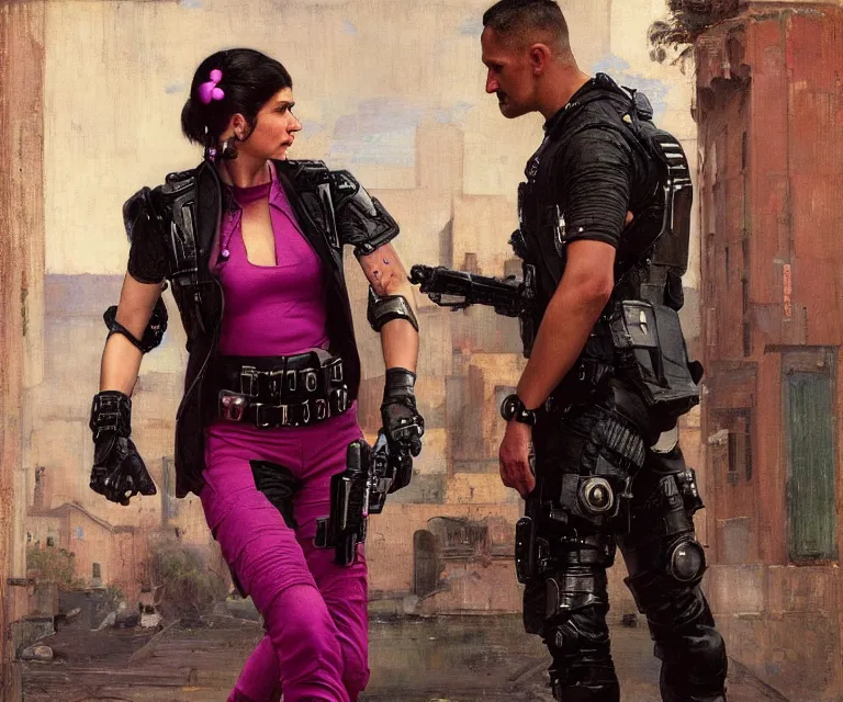 Prompt: Sara evades sgt Griggs. Fuchsia Cyberpunk hacker escaping Menacing Cyberpunk police trooper griggs wearing a combat vest. (dystopian, police state, Cyberpunk 2077, bladerunner 2049). Iranian orientalist portrait by john william waterhouse and Edwin Longsden Long and Theodore Ralli and Nasreddine Dinet, oil on canvas. Cinematic, vivid colors, hyper realism, realistic proportions, dramatic lighting, high detail 4k