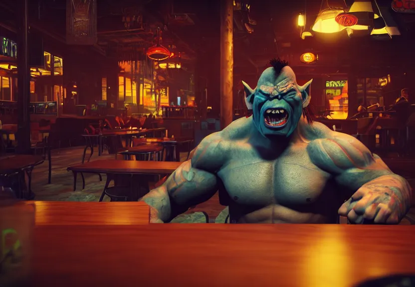 Image similar to a muscular male orc punk sitting at a table in a cafe in a cyberpunk city, close up shot, sharp focus, shallow depth of field, highly detailed face, 8k, unreal engine 5, cinematic lighting, vivid elegant fantasy concept art, character art, stern blue neon atmosphere, artstation, deep complimentary colors, volumetric lighting, photorealistic, hyperdetailed 3D matte painting, hyperrealism, hyperrealistic masterpiece