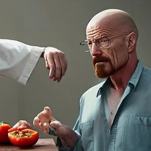 Prompt: walter white looking longingly at one really really big tomato