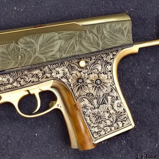 Image similar to A gun with sunflower engravings.