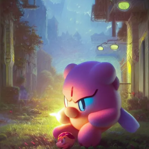 Prompt: Kirby (From Nintendo), trending on artstation, ultra detailed, 8k, character illustration by Greg Rutkowski, Thomas Kinkade.
