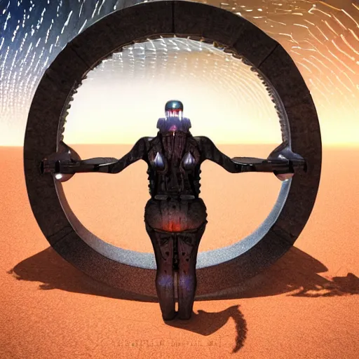 Image similar to glowing giger stargate, middle of austalian desert, sand storm, energy, cinematic, dawn, wet, realistic