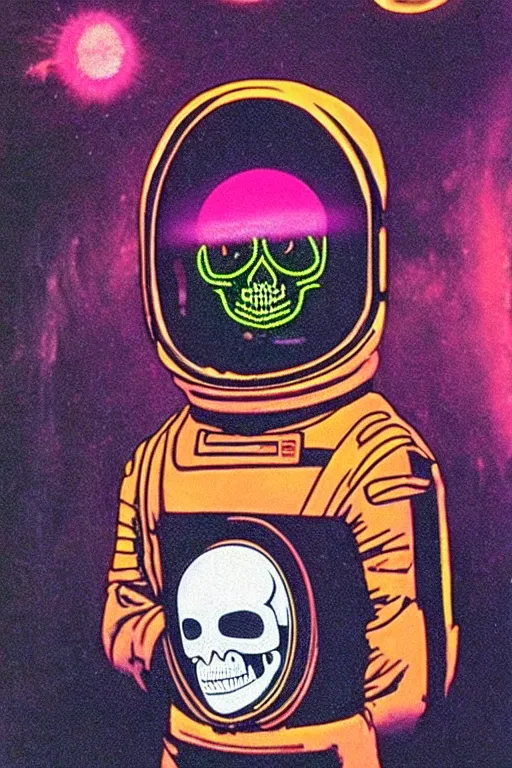 Image similar to astronaut with neon glowing skull 1 9 6 0 s color _ bleed _ video compression video glitch vhs footage akira kurosawa mamoru oshii wes anderson