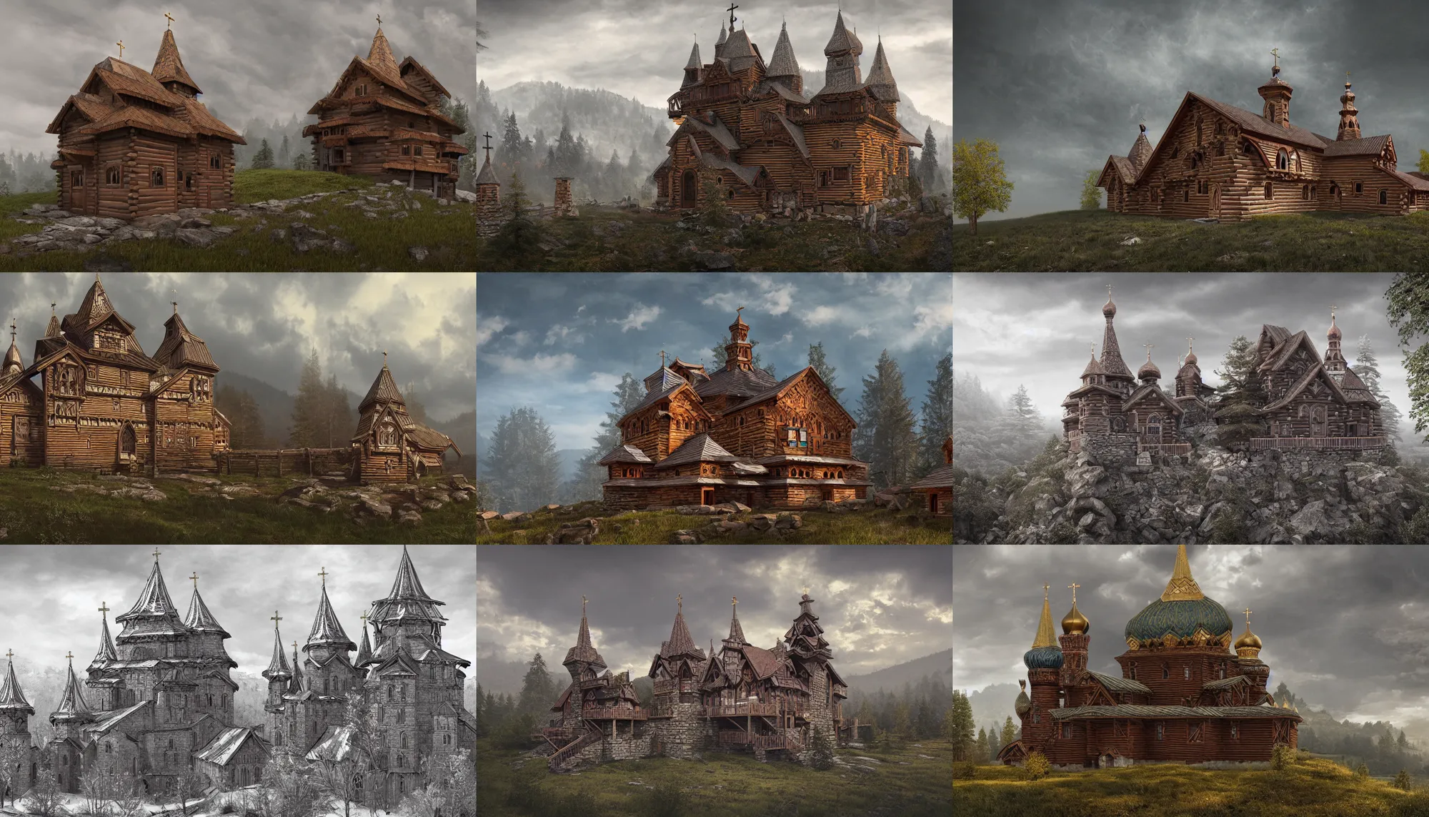 Prompt: tall castle enclosed palisaded, with christian wooden churches and domes on them, log houses built on hills, slavic, russian, slovenian, tartarian architecture, gray skies, hyper - detailed, artstation, cgsociety, 8 k