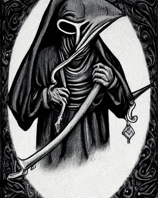 Prompt: a man in black hooded robes holding a plague doctor mask in hand, detailed art by greg rukowtski