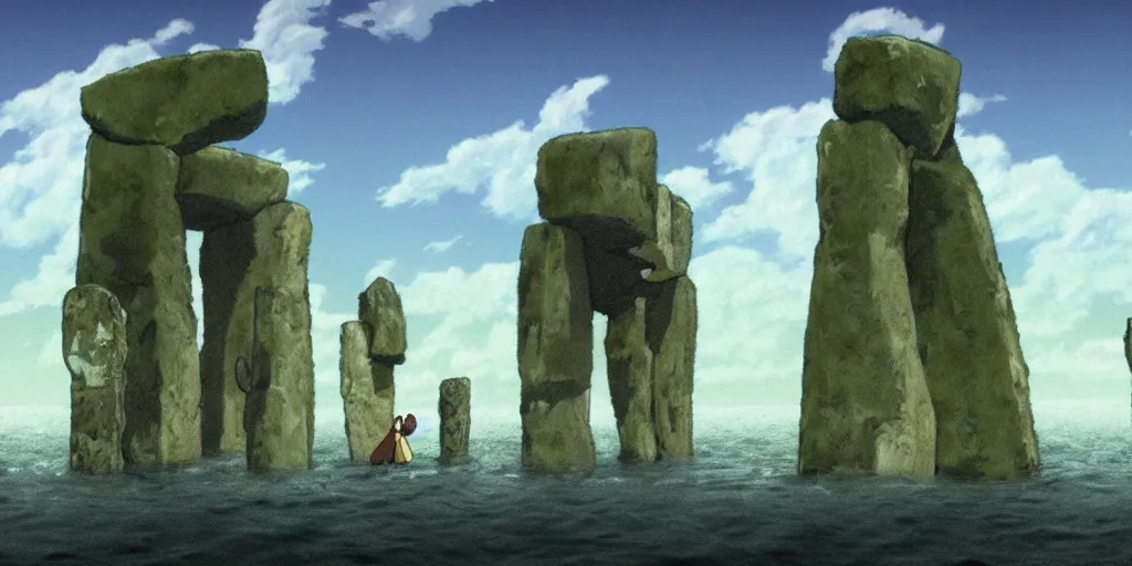 Image similar to a realistic cell - shaded studio ghibli concept art from paprika ( 2 0 0 6 ) of a giant wooly mammoth in a flooded stonehenge easter island on a misty starry night. very dull colors, wide shot, hd, 4 k, hq