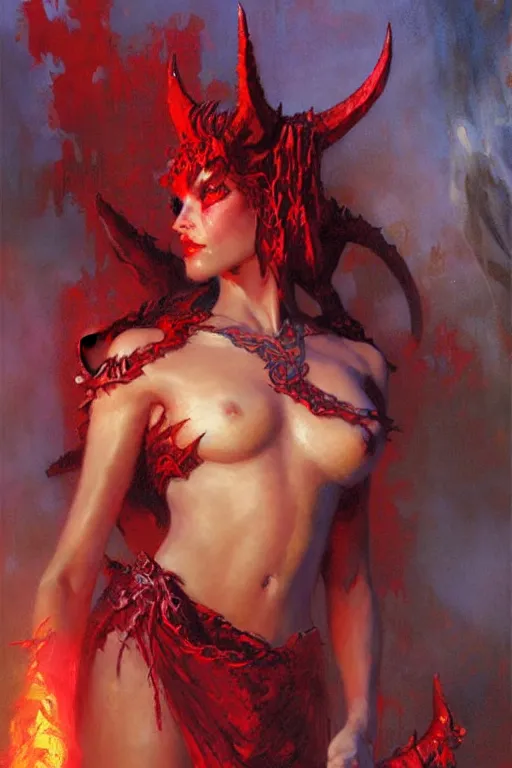 Image similar to attractive demon queen with red eyes, painting by gaston bussiere, craig mullins