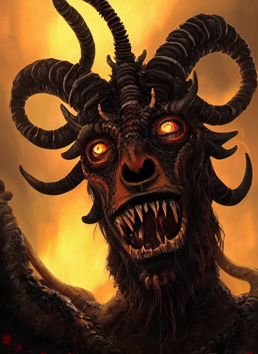 Image similar to hellish demon with gold fangs and twisted horns, close up, goat eyes and snake scales, hairy beast, sinister portrait, highly detailed, digital painting, artstation, concept art, matte, sharp focus, illustration, dramatic, cinematic sunset, hearthstone, art by artgerm and greg rutkowski and alphonse mucha