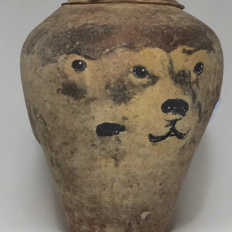 Image similar to ancient greek urn painted with a shiba inu god, good condition, well preserved archeological find