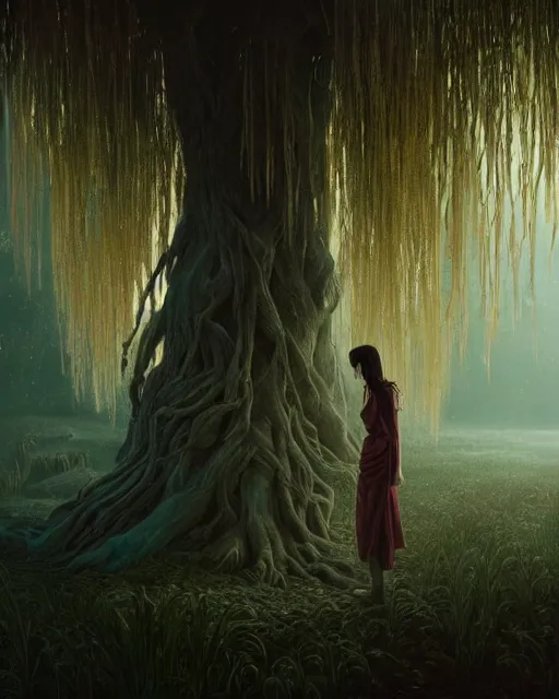 Image similar to highly detailed surreal vfx portrait of a cursed dagger in a shadowy swamp by a willow tree, stephen bliss, unreal engine, greg rutkowski, loish, rhads, beeple, makoto shinkai and lois van baarle, ilya kuvshinov, rossdraws, tom bagshaw, alphonse mucha, global illumination, detailed and intricate environment