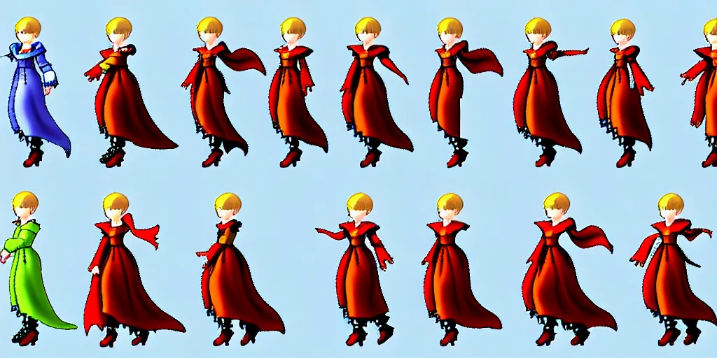 Prompt: walking cycle sprite sheet of a girl in a renaissance dress, walking to the right, each sprite is a different frame of the animation, in the style of final fantasy games, side view of her taking steps, accurate walk cycle, walk cycle, walk cycle, red and white dress