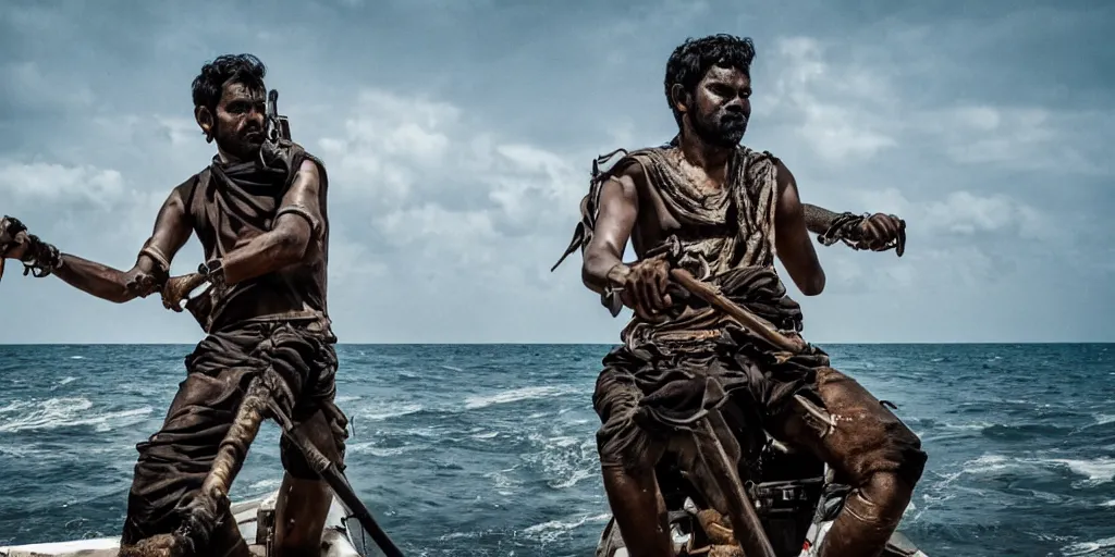 Image similar to sri lankan mad max style on boats, ocean, film still, epic shot cinematography, rule of thirds