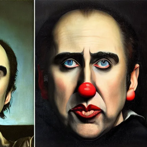 Image similar to detailing character concept portrait of Nicholas Cage acting as a clown by Caravaggio, on simple background, oil painting, middle close up composition, hyper realistic