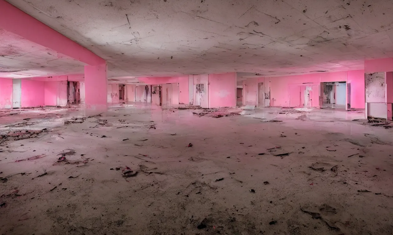 Prompt: backrooms abandoned mall, ominous neon pink lighting, moldy walls and shallow water, shadowy tall figures in the distance