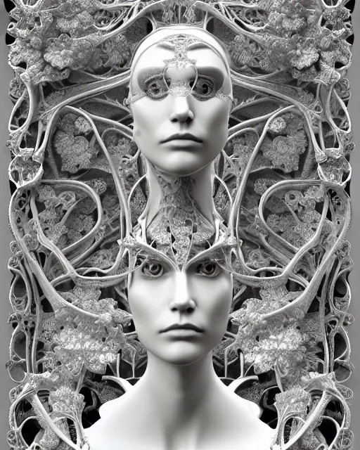 Image similar to monochrome 3 d model, 1 8 9 0 picture, silver lace floral steampunk biomechanical beautiful young female cyborg with porcelain profile face and a techno eye, volumetric light, leaves foliage and stems, hibiscus flowers, sinuous fine roots, fine foliage lace, alexander mcqueen, rim light, big gothic fashion pearl embroidered collar, octane render, 8 k