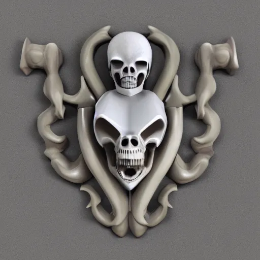 Image similar to 3d render of an old coat of arms with bones, skulls, xenomorphic skulls nerves and veins