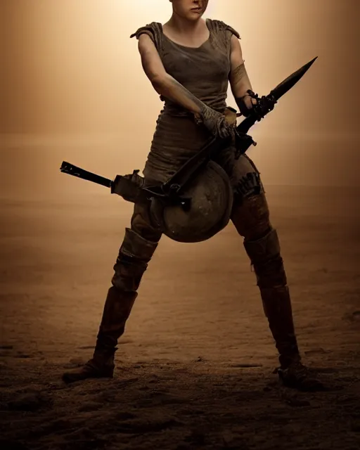 Image similar to photoshoot of ana taylor - joy dressed as a young imperator furiosa in mad max fury road prequel, photoshoot in the style of annie leibovitz, george miller, studio lighting, soft focus 9 mm lens, bokeh
