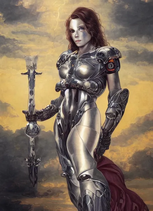 Prompt: symmetry!! portrait of a beautiful biblical diabolical agile girl holding shield, reflective porcelain skin, light cyborg armor, in clouds, cinematic studio light, windy, sunrise, by gerald brom, by mikhail vrubel, by peter elson, muted colors, extreme detail! trending on artstation, 8 k
