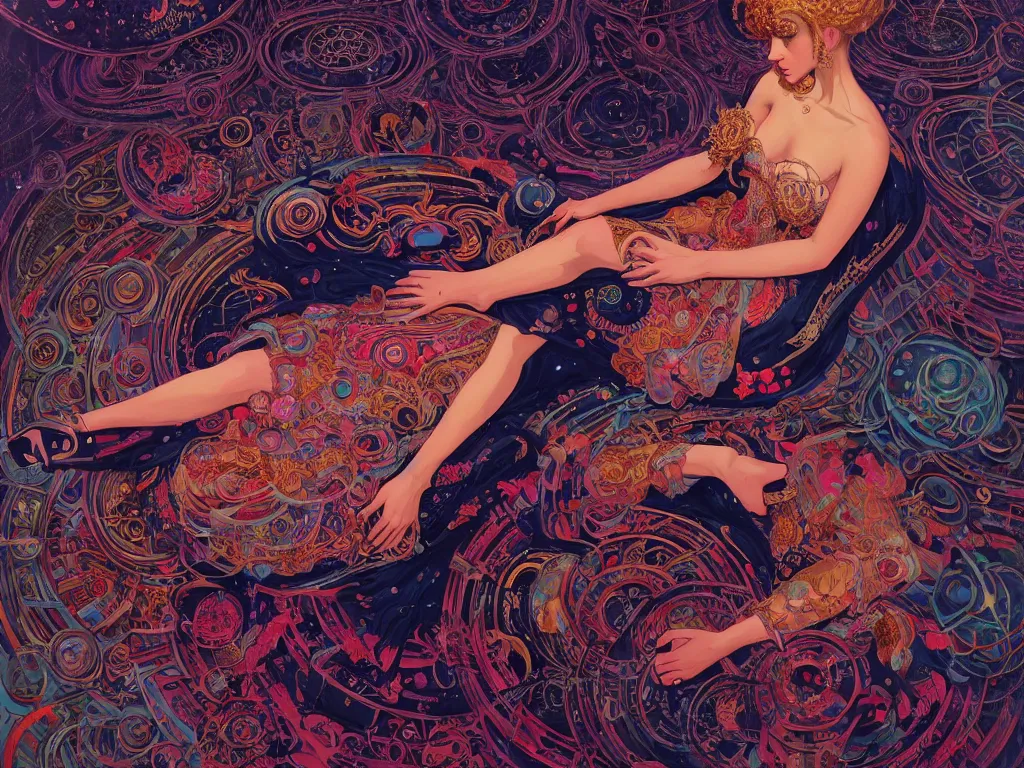 Image similar to high angle picture of a maximalist dress witch sitting on the floor and researching about the azathoth, extremely beautiful and aesthetic and detailed cute face, very huge magic circles on the hand, with familiar sprites, in the magic room, chiaroscuro, intricate, masterpiece, fantasy illustrations by ilya kuvshinov and jeremy lipking and quentin mabille