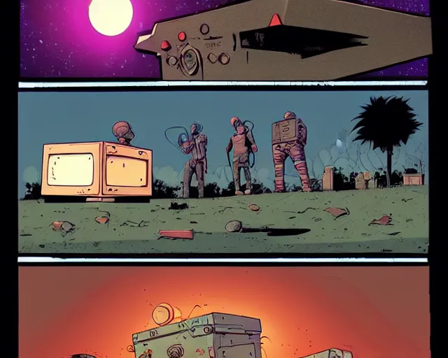 Image similar to three panels from a cell shaded comic book showing a big fat boombox, in front of a big moon, illustration, wide shot, muted colors, post grunge, concept art by josan gonzales and wlop, david rubin, mike mignola, laurie greasley, highly detailed, sharp focus, trending on artstation, hq, deviantart, art by artgem