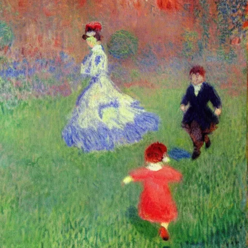 Prompt: monet chasing kids in the kindergarden