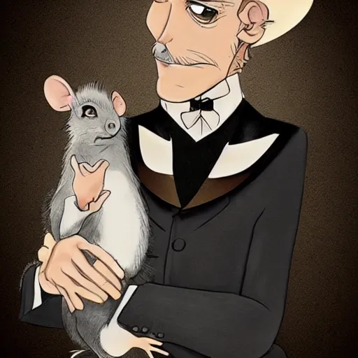 Image similar to older fantasy butler that looks similar to michael kane, full body portrait, handsome, realistic, tarot card style, balding, well dressed, pet rat on shoulder