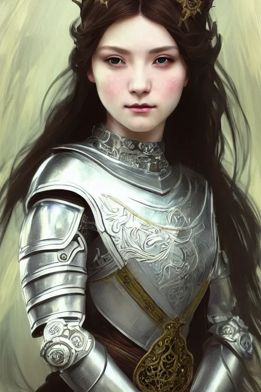 Image similar to beautiful and victorian and holy and divine and elite young medieval female like twice tzuyu white armor knight portrait +shinny eyes+front face with light flowing hair, ultradetail face, art and illustration by tian zi and craig mullins and WLOP and alphonse mucha, fantasy, intricate complexity, human structure, human anatomy, fantasy character concept, watermark, blurry, hyperrealism 8k