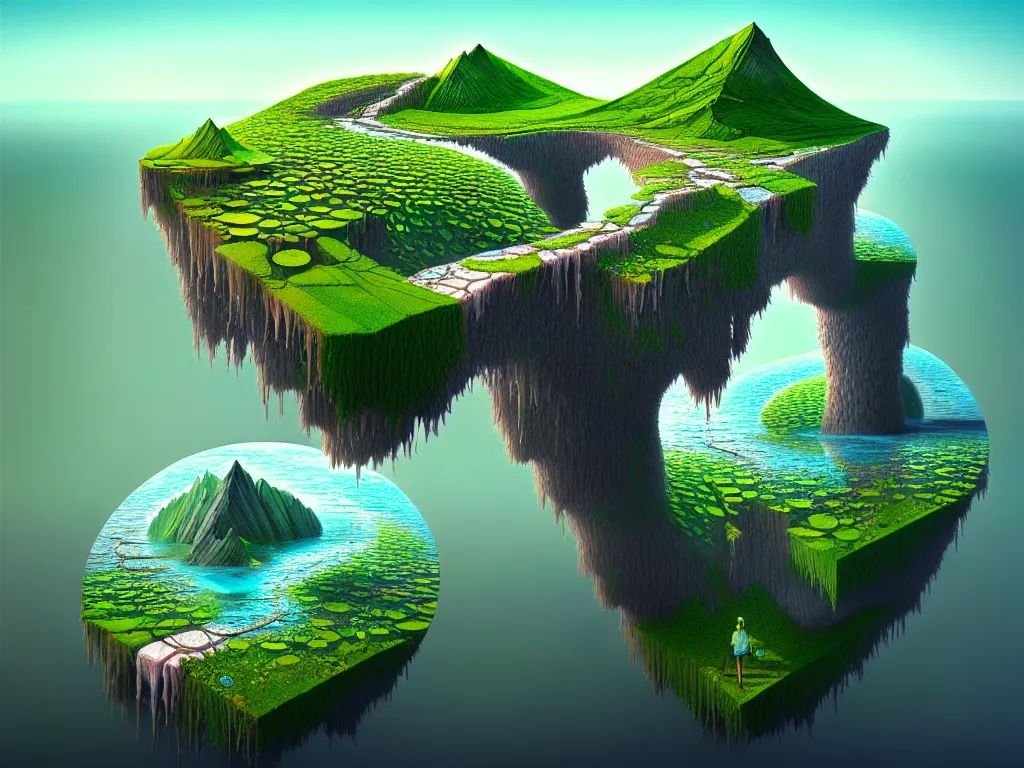 Image similar to hyper detailed cross section of terrain with water, geometric 3D render, scene view, amazing surreal landscape by Gediminas Pranckevicius,,trending on artstation