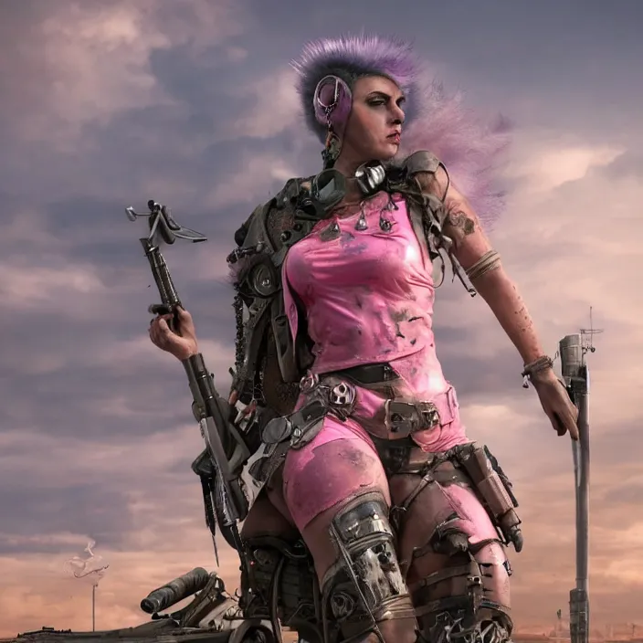 Image similar to beautiful realistic apocalyptic woman with pink Mohawk, standing on mad max panzer tank, 4k ultra hd, fantasy dark art, tank girl, artstation, octane render