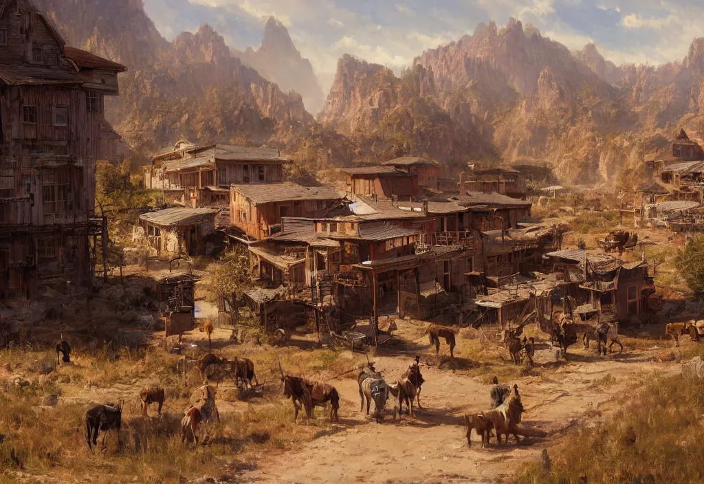 Prompt: a 1 9 th century old west far west small town in a stunning landscape by craig mullins, oil on canvas big brushstrokes, line art, winning - award masterpiece, fantastic, octane render, 8 k hd resolution, high quality image