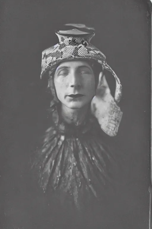 Prompt: a wet plate photo of a snake wearing a jester hat