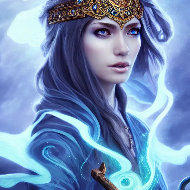 Image similar to beautiful elemental sky witch with ornate robes and staff, highly detailed, 4 k, hdr, smooth, sharp focus, high resolution, award - winning photo, artgerm, photorealistic